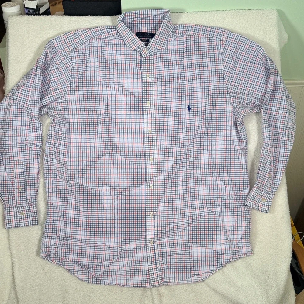 Polo Ralph Lauren Mens XLT Tall Cotton Stretch Check Button Down Shirt Blue Pink
